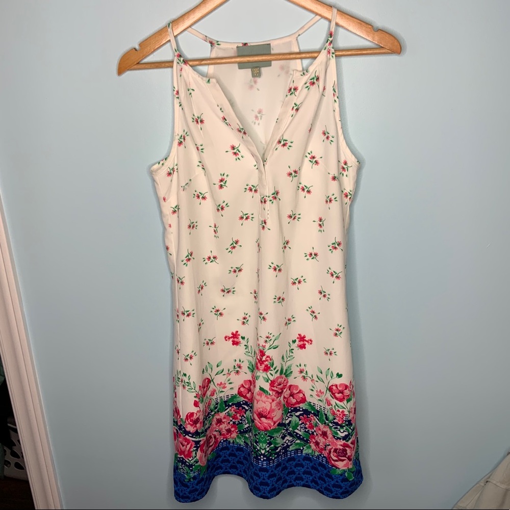 Skies Are Blue Halter V Neck White Rose Print Dres